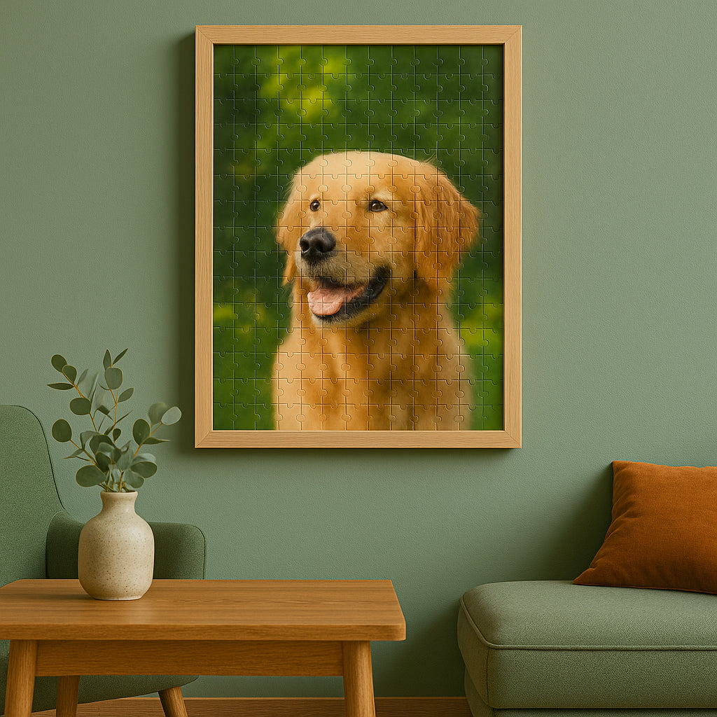 personalized wooden puzzle featuring a golden retriever portrait framed in light wood displayed in a cozy green living room