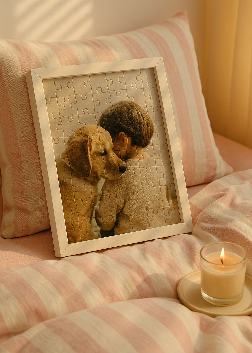 personalized wooden puzzle showing a young boy hugging his dog framed in white on a pink striped bed cozy and heartwarming scene