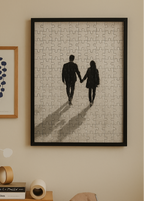 Custom wooden photo puzzle with black frame hanging on wall – personalized couple gift by Nexura.